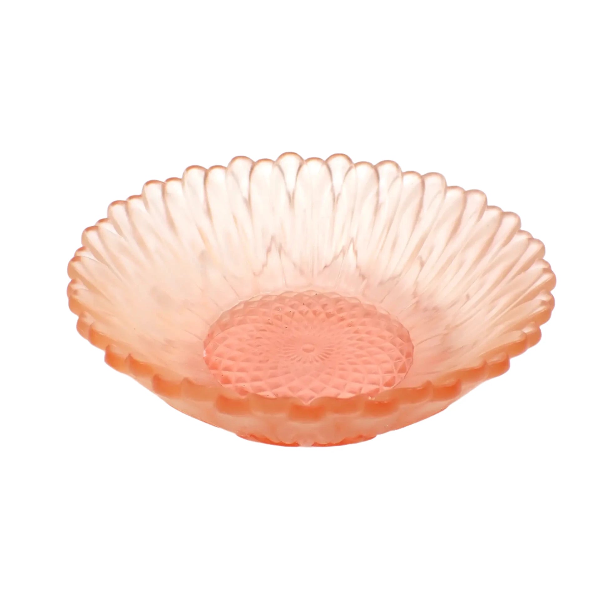 Side view of the small handmade sunflower resin trinket dish decorative bowl. The piece is frosted translucent with shades of light peach on the petals and light pink in the middle of the flower.