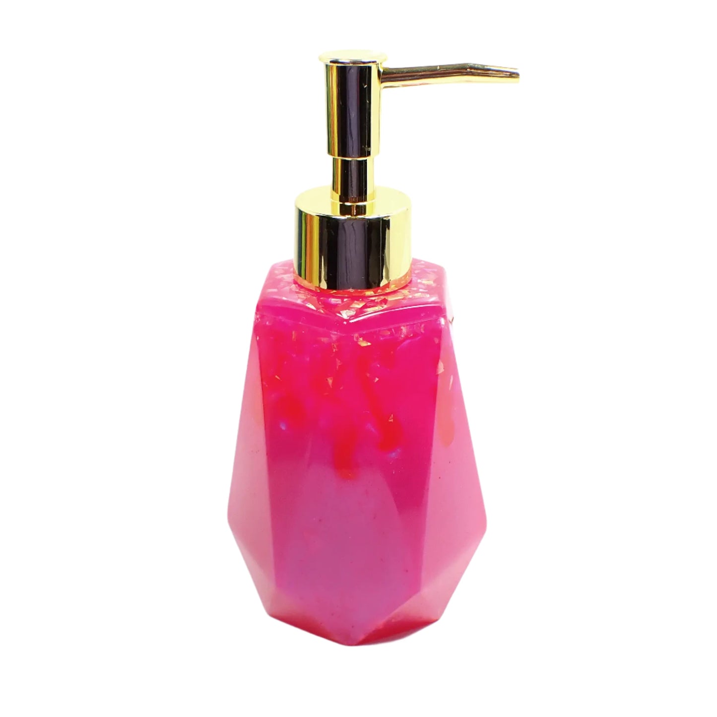 Faceted Handmade Bright Pink Resin Soap Dispenser with Iridescent Flakes, Lotion Pump