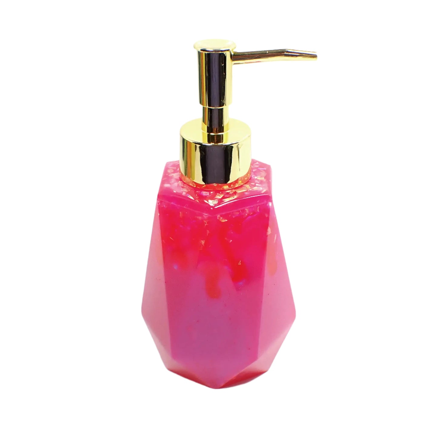 Faceted Handmade Bright Pink Resin Soap Dispenser with Iridescent Flakes, Lotion Pump