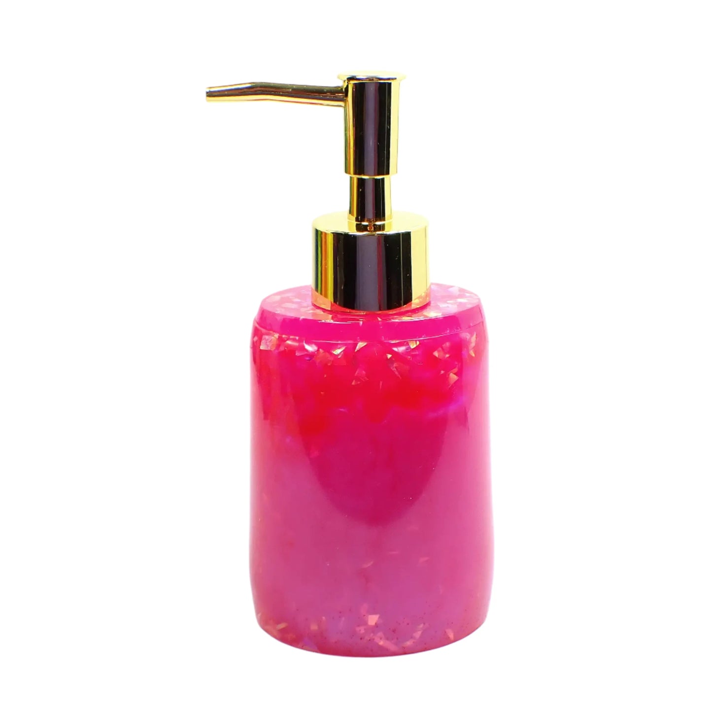 Oval Handmade Bright Pink Resin Soap Dispenser with Iridescent Flakes, Lotion Pump