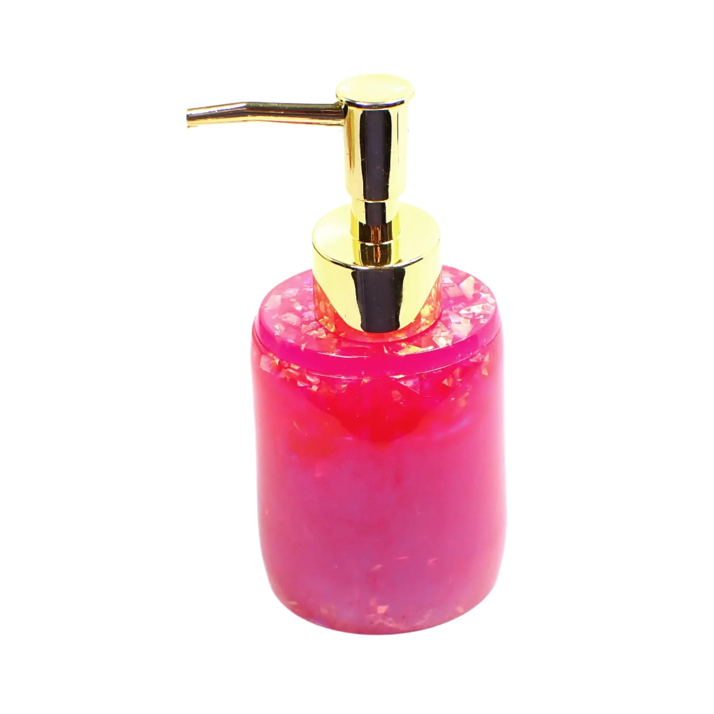 Oval Handmade Bright Pink Resin Soap Dispenser with Iridescent Flakes, Lotion Pump