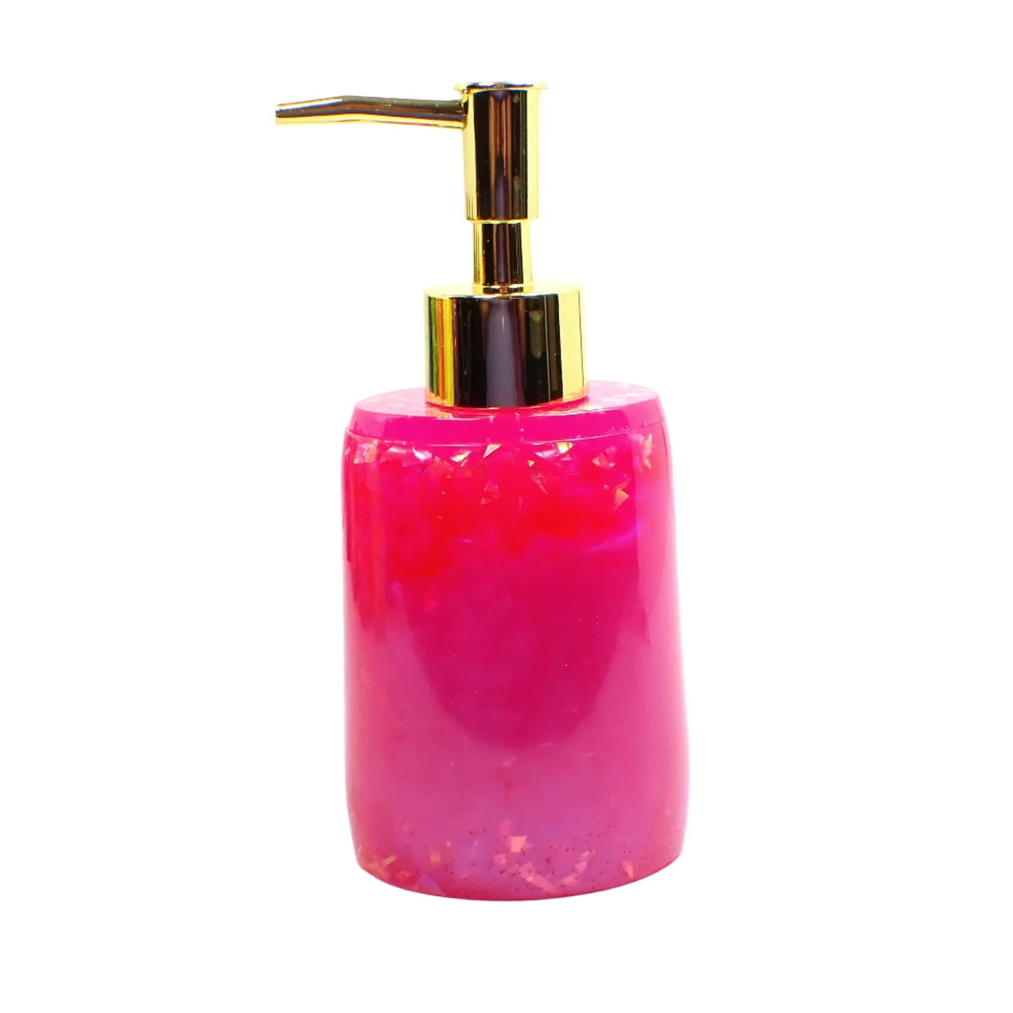 Oval Handmade Bright Pink Resin Soap Dispenser with Iridescent Flakes, Lotion Pump