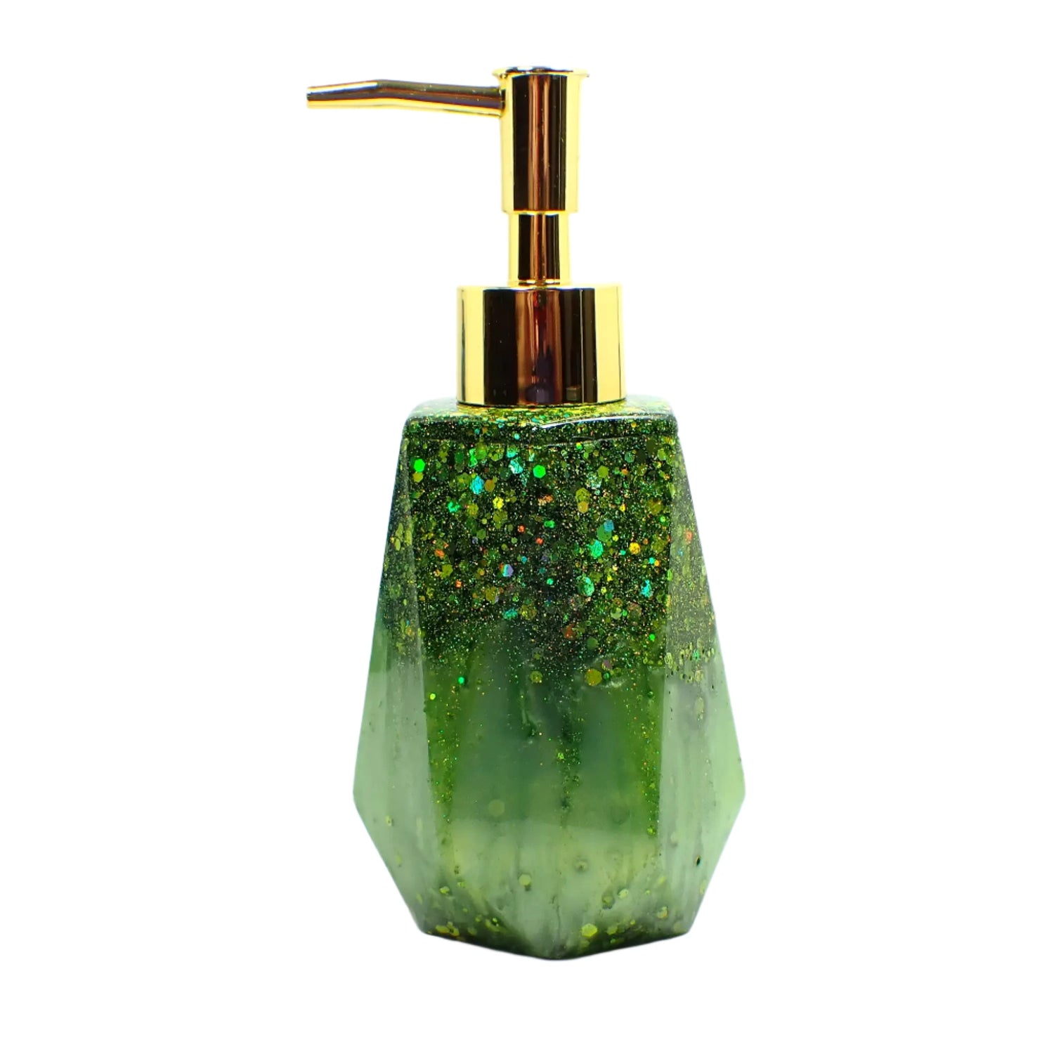 Side view of the handmade resin soap dispenser. This photo shows it with a gold color pump on top. The bottle part has pearly lime green resin on the bottom and chunky iridescent green glitter on top. It has a faceted shape with a flared out bottom.