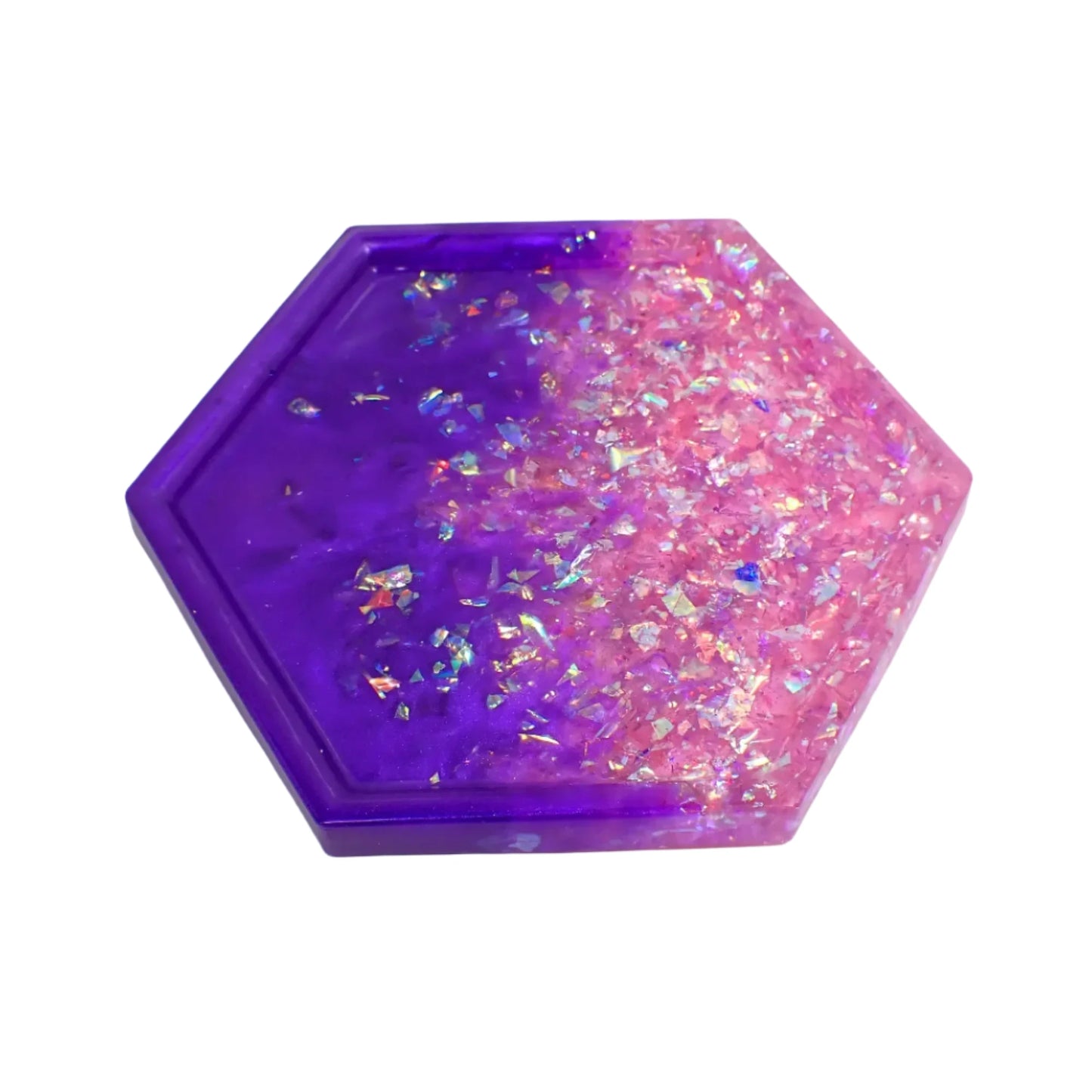 Purple and Pink Hexagon Trinket Dish with Iridescent Flakes, Decorative Tray, Geometric Home Decor