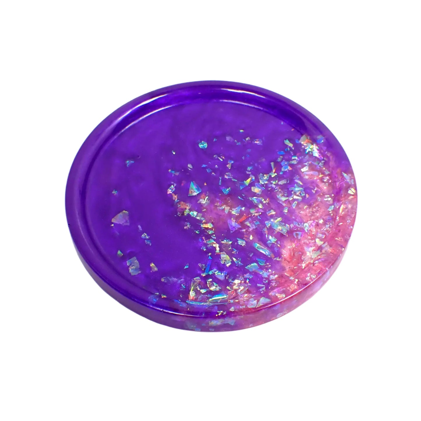 Purple and Pink Round Trinket Dish with Iridescent Flakes, Decorative Tray, Home Decor