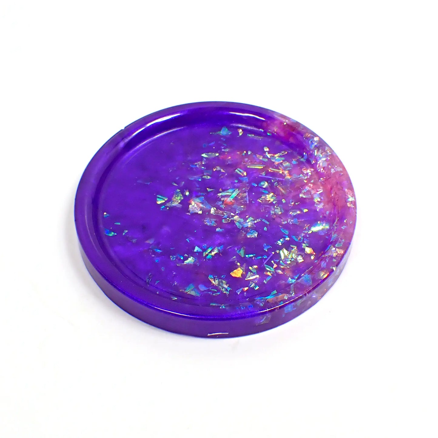 Purple and Pink Round Trinket Dish with Iridescent Flakes, Decorative Tray, Home Decor