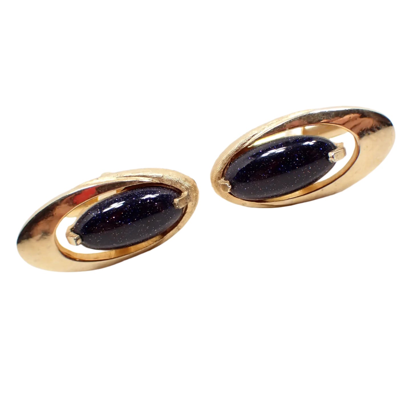 Swank Blue Goldstone Vintage Cufflinks, 1960's Atomic Style Mid Century Cuff Links, Gold Tone Oval