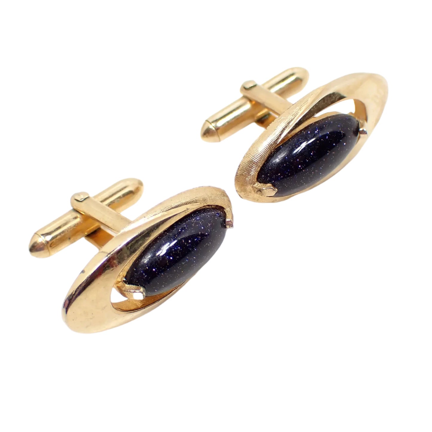 Swank Blue Goldstone Vintage Cufflinks, 1960's Atomic Style Mid Century Cuff Links, Gold Tone Oval