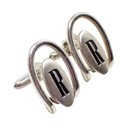 Swank Initial Letter R Cufflinks, Silver Tone 1960's Mid Century Open Cuff Links, Gentleman Jewelry