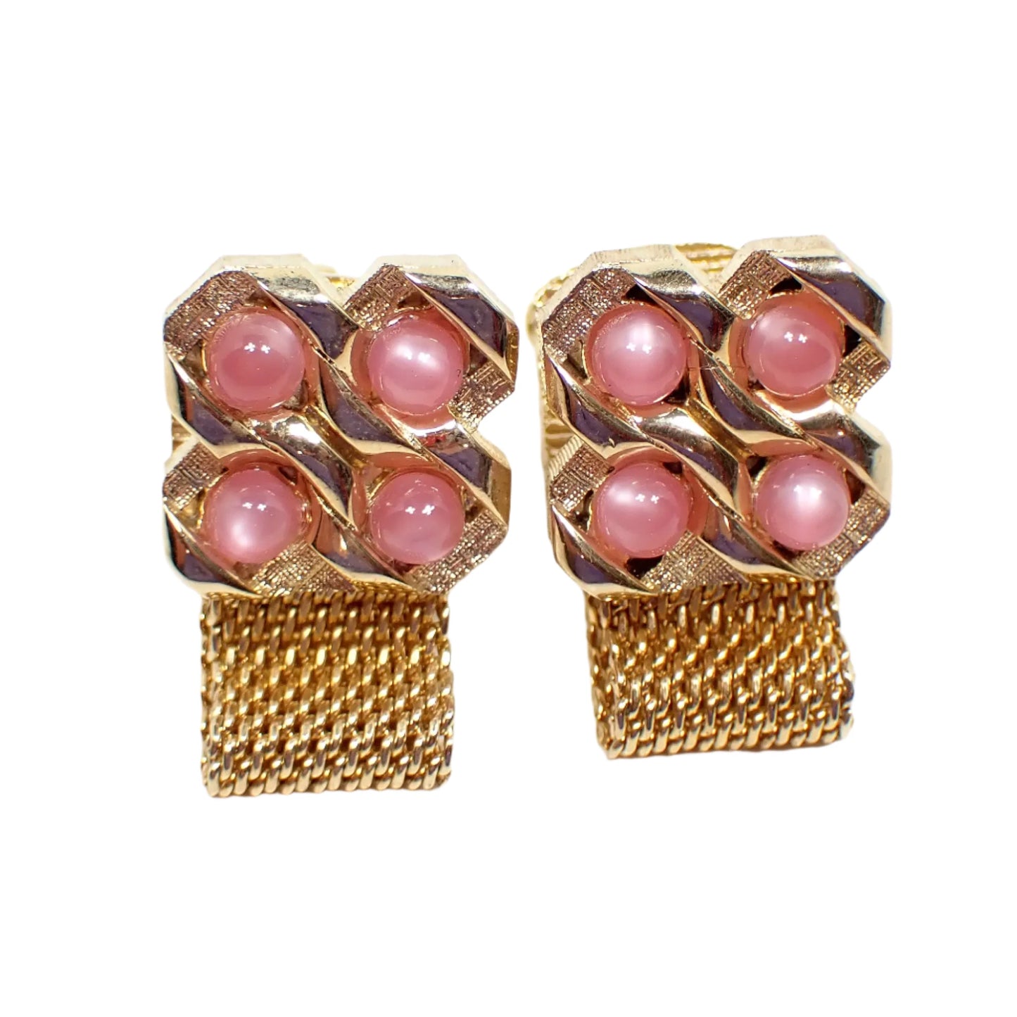 Pink Moonglow Lucite Wrap Around Vintage Cufflinks, 1960's Mid Century Gold Tone Mesh Cuff Links