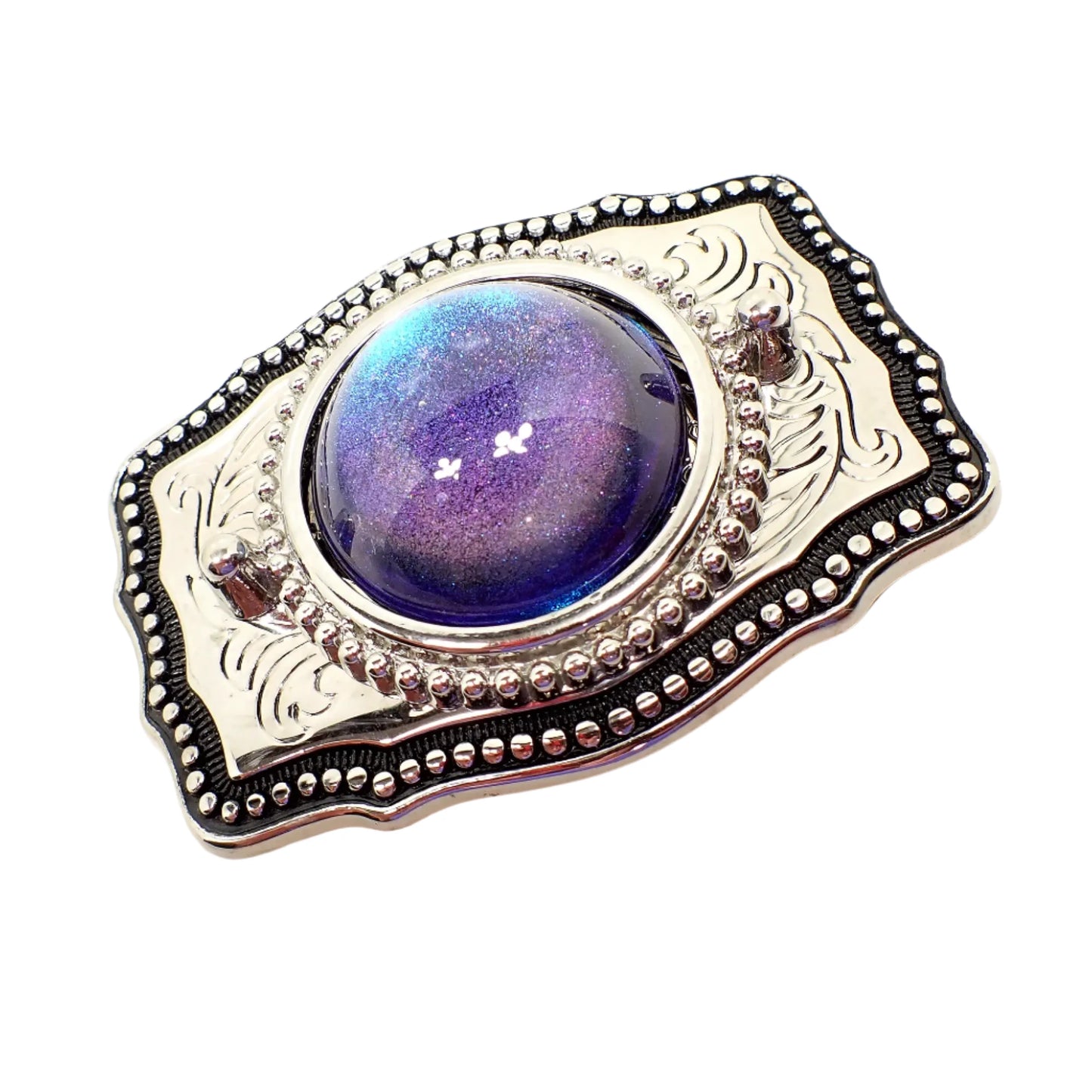 Upcycled Belt Buckle with Handmade Domed Blue Purple Color Shift Resin Cab, Silver Plated with Black Enameled Trim