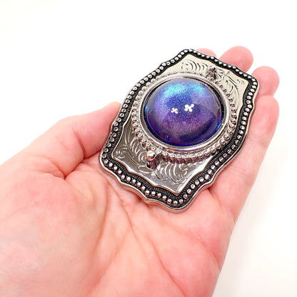 Upcycled Belt Buckle with Handmade Domed Blue Purple Color Shift Resin Cab, Silver Plated with Black Enameled Trim