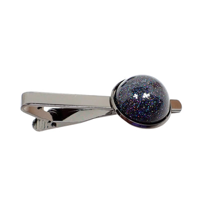 Holographic Black Resin Men's Jewelry Set, Tie Clip and Cufflinks with Handmade Domed Round Glitter Cabs, Gunmetal Plated