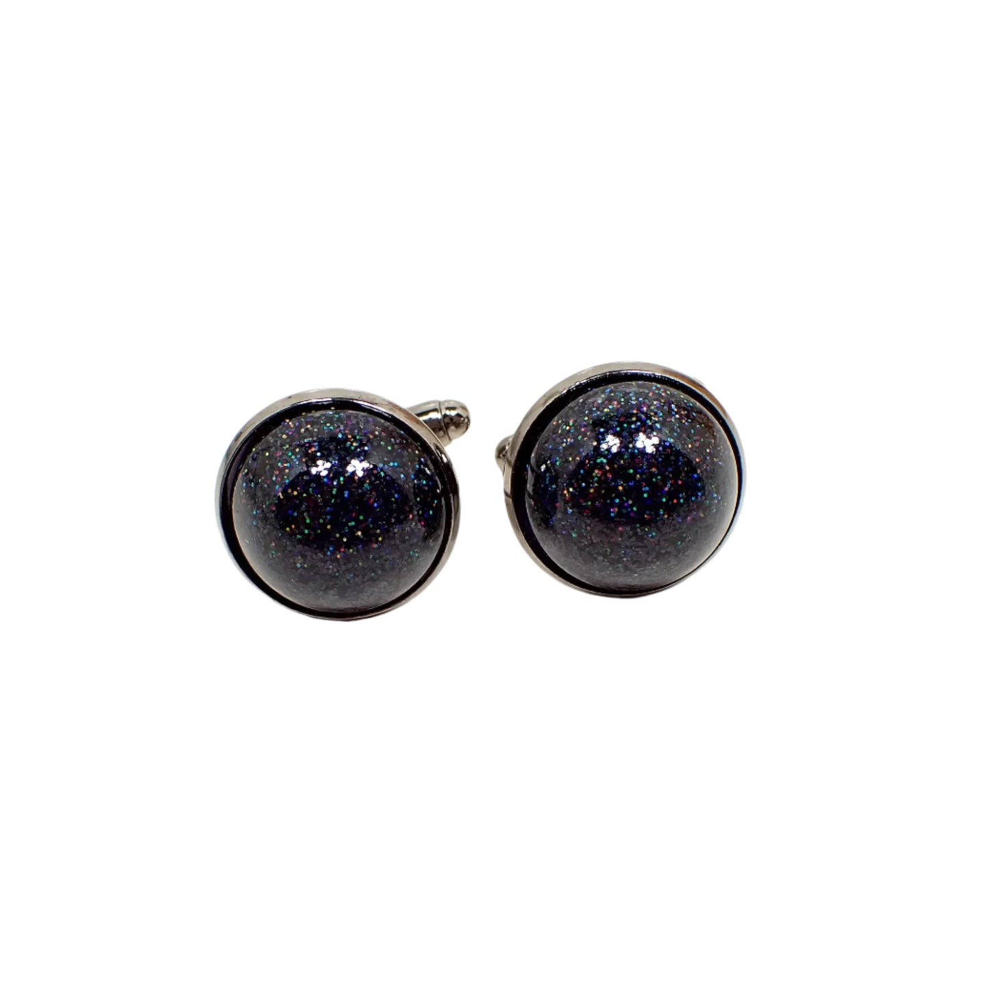 Holographic Black Resin Men's Jewelry Set, Tie Clip and Cufflinks with Handmade Domed Round Glitter Cabs, Gunmetal Plated