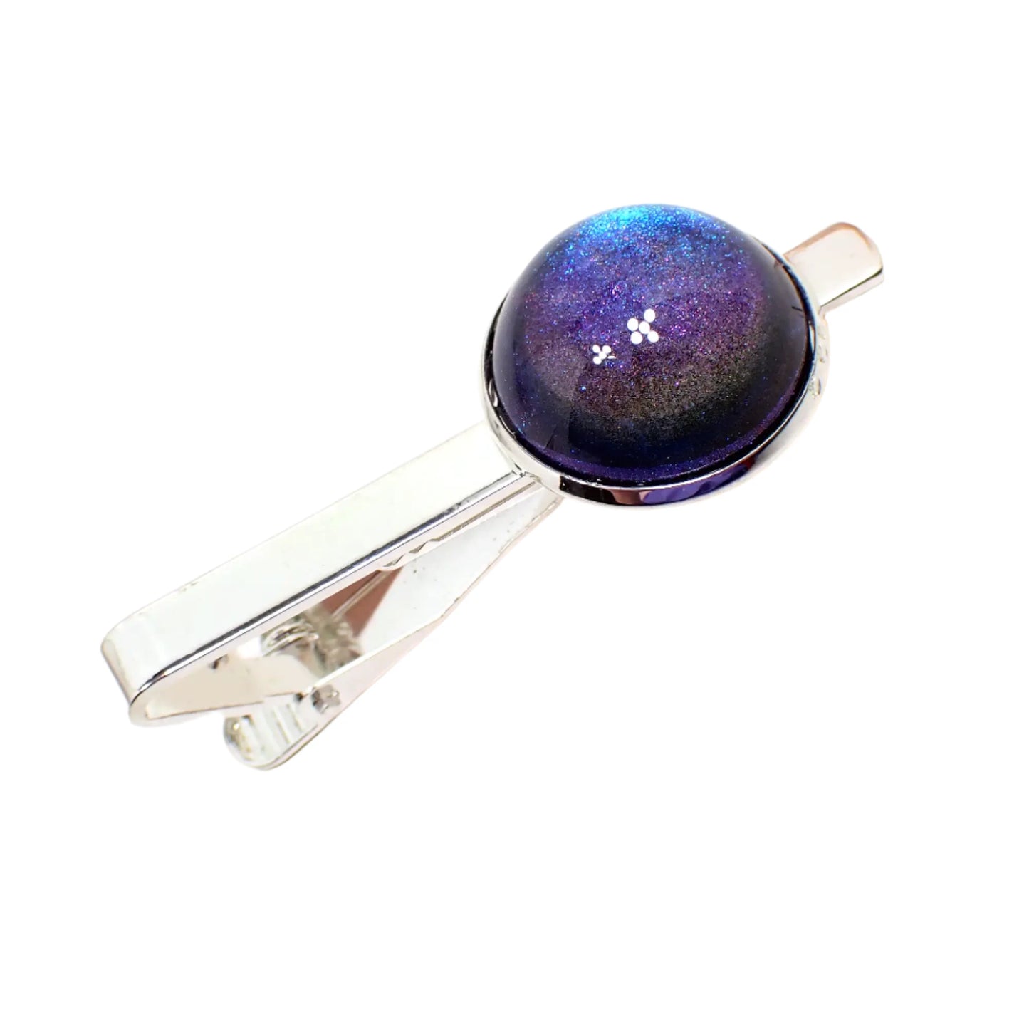 Color Shift Tie Clip Blue Purple Resin, Silver Plated, Handmade Domed Round Cab