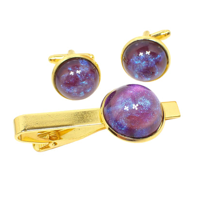 Pink Blue Purple Color Shift Men's Jewelry Set, Tie Clip and Cufflinks with Handmade Resin Cabs, Gold Plated