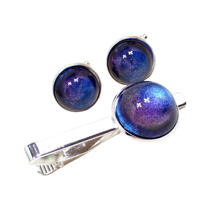 Blue Purple Color Shift Men's Jewelry Set, Tie Clip and Cufflinks with Handmade Resin Cabs, Silver Plated