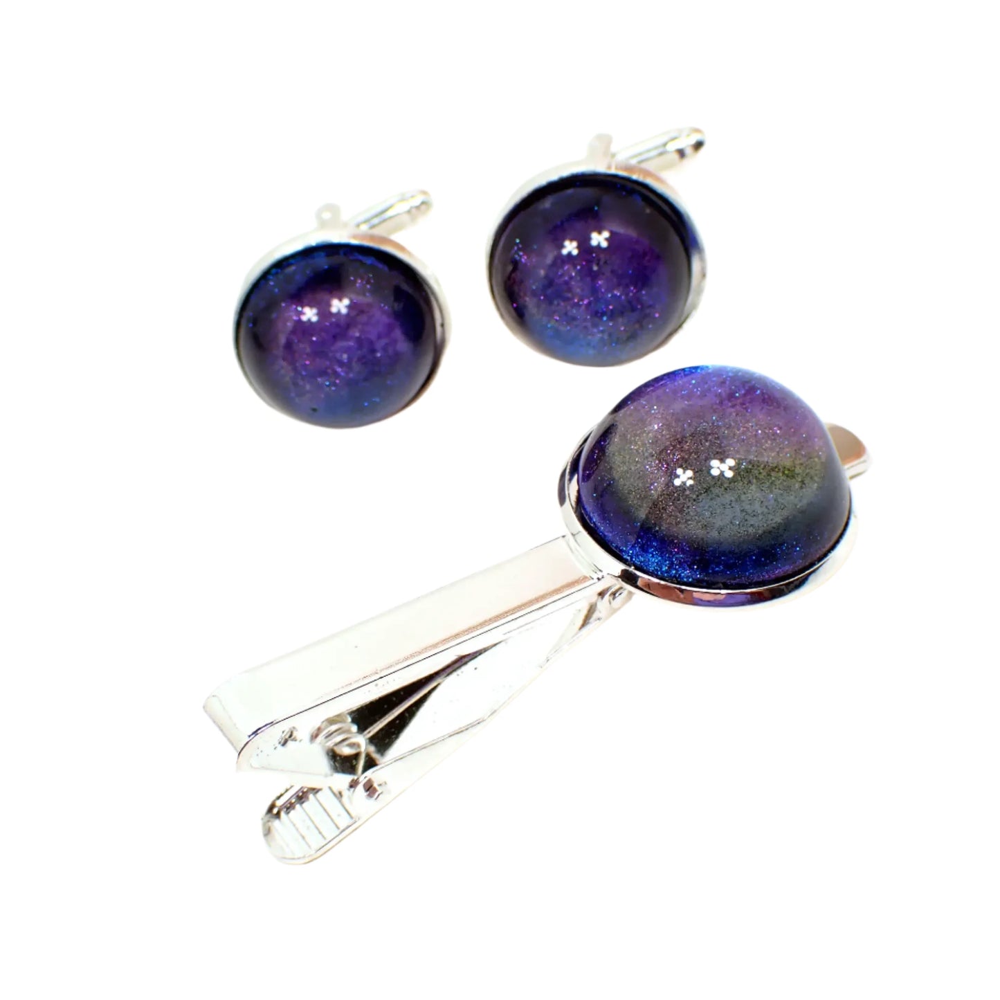 Blue Purple Color Shift Men's Jewelry Set, Tie Clip and Cufflinks with Handmade Resin Cabs, Silver Plated