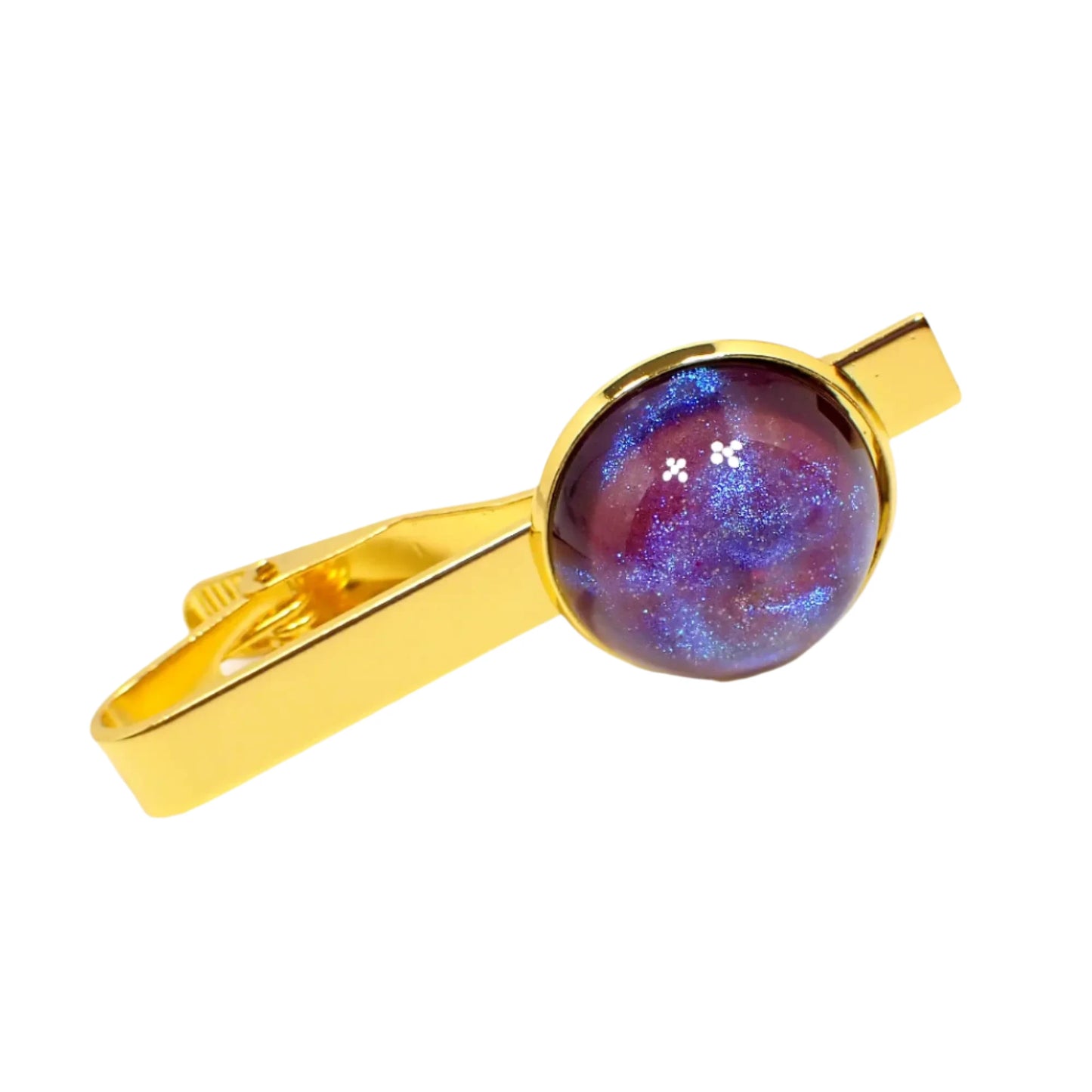 Color Shift Tie Clip Pink Blue Purple Resin, Gold Plated, Handmade Domed Round Cab