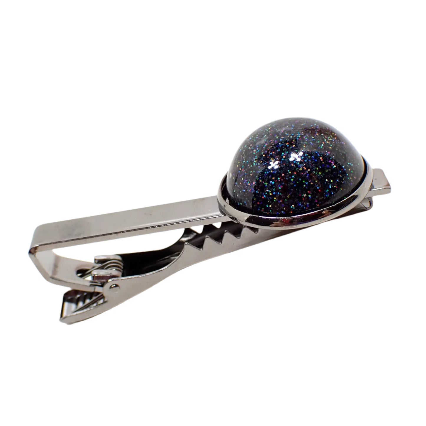 Holographic Black Tie Clip, Gunmetal Plated, Handmade Domed Round Glitter Resin Cab