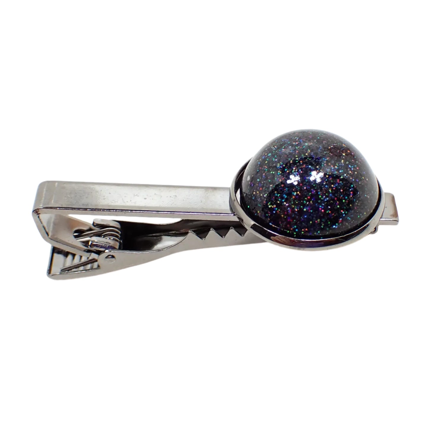 Holographic Black Tie Clip, Gunmetal Plated, Handmade Domed Round Glitter Resin Cab