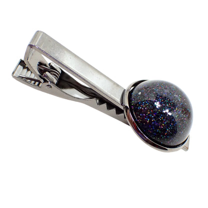 Holographic Black Tie Clip, Gunmetal Plated, Handmade Domed Round Glitter Resin Cab