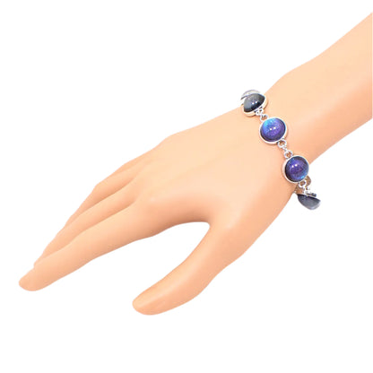 Color Shift Link Bracelet, Blue Purple Domed Round Handmade Resin Cabs, Silver Plated, Adjustable Size