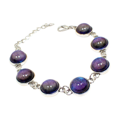 Color Shift Link Bracelet, Blue Purple Domed Round Handmade Resin Cabs, Silver Plated, Adjustable Size