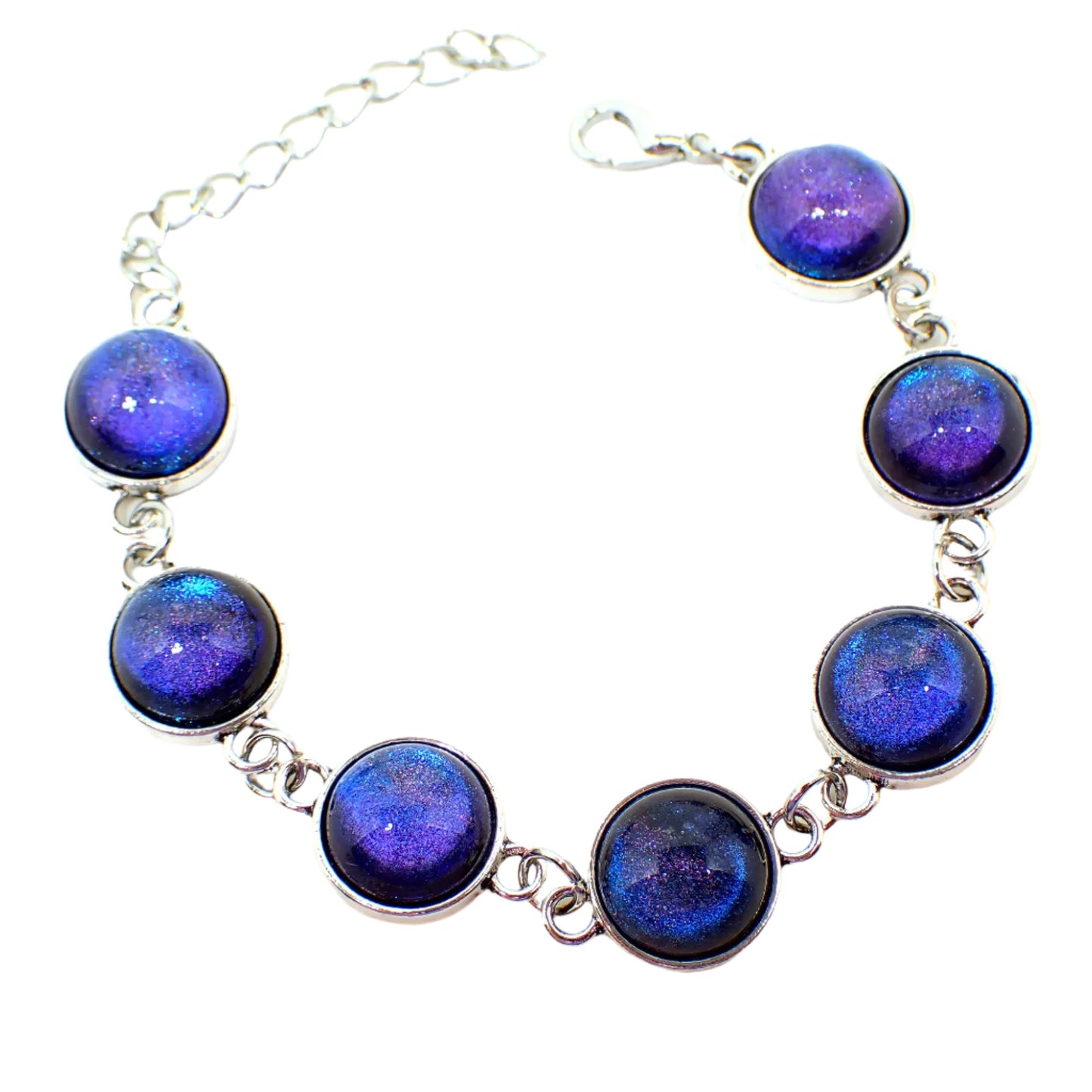 Color Shift Link Bracelet, Blue Purple Domed Round Handmade Resin Cabs, Silver Plated, Adjustable Size