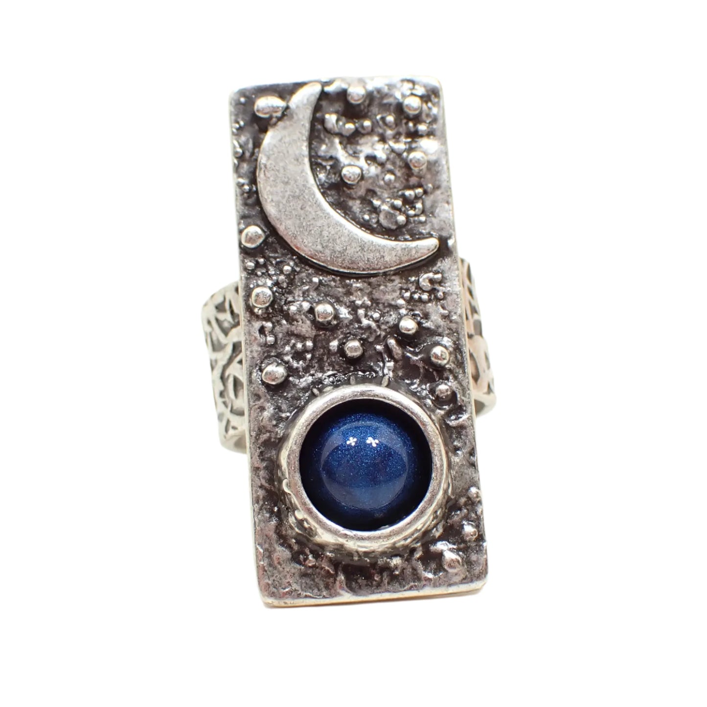 Moon and Stars Adjustable Ring with Handmade Dark Denim Blue Resin Cab, Antiqued Silver Plated, Boho Jewelry