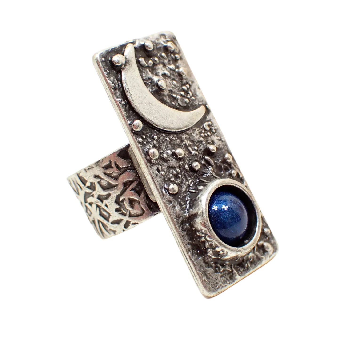 Moon and Stars Adjustable Ring with Handmade Dark Denim Blue Resin Cab, Antiqued Silver Plated, Boho Jewelry