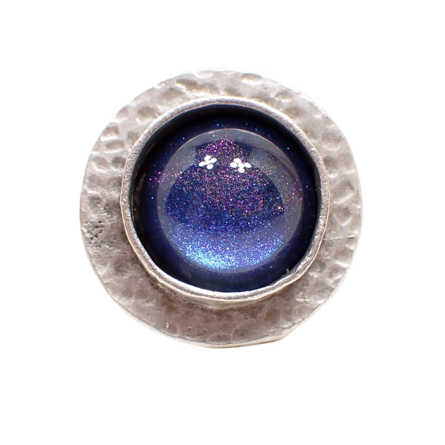 Domed Round Hammered Adjustable Ring with Handmade Color Shift Blue Purple Resin Cab, Silver Plated