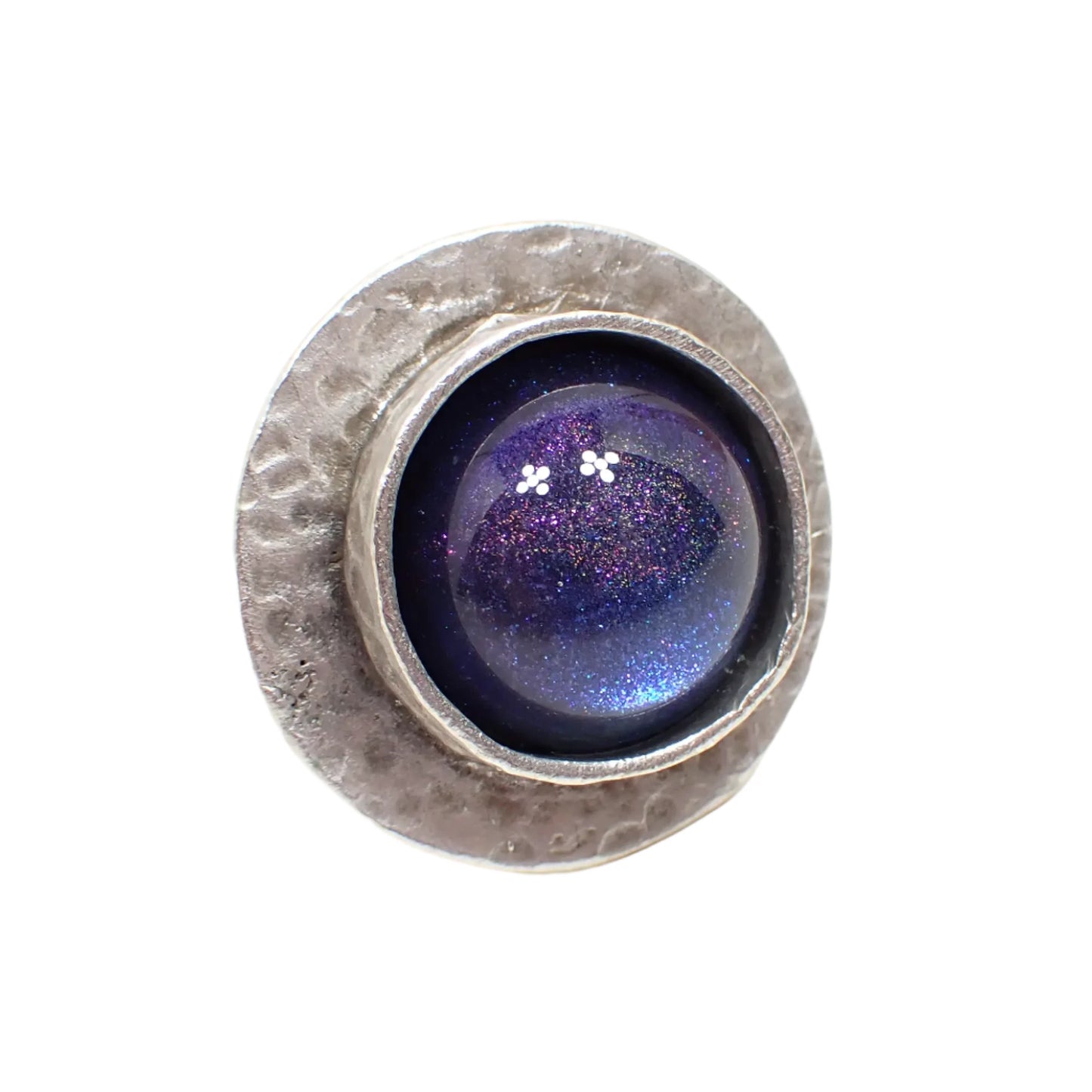 Domed Round Hammered Adjustable Ring with Handmade Color Shift Blue Purple Resin Cab, Silver Plated