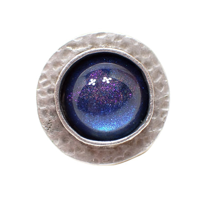 Domed Round Hammered Adjustable Ring with Handmade Color Shift Blue Purple Resin Cab, Silver Plated