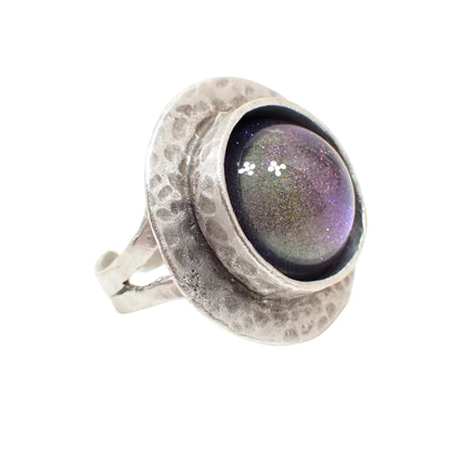 Domed Round Hammered Adjustable Ring with Handmade Color Shift Blue Purple Resin Cab, Silver Plated