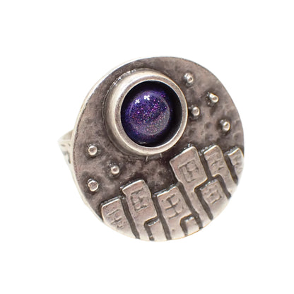 City at Night Adjustable Ring with Handmade Color Shift Blue Purple Resin Cab, Antiqued Silver Plated, Statement Jewelry