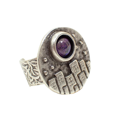 City at Night Adjustable Ring with Handmade Color Shift Blue Purple Resin Cab, Antiqued Silver Plated, Statement Jewelry