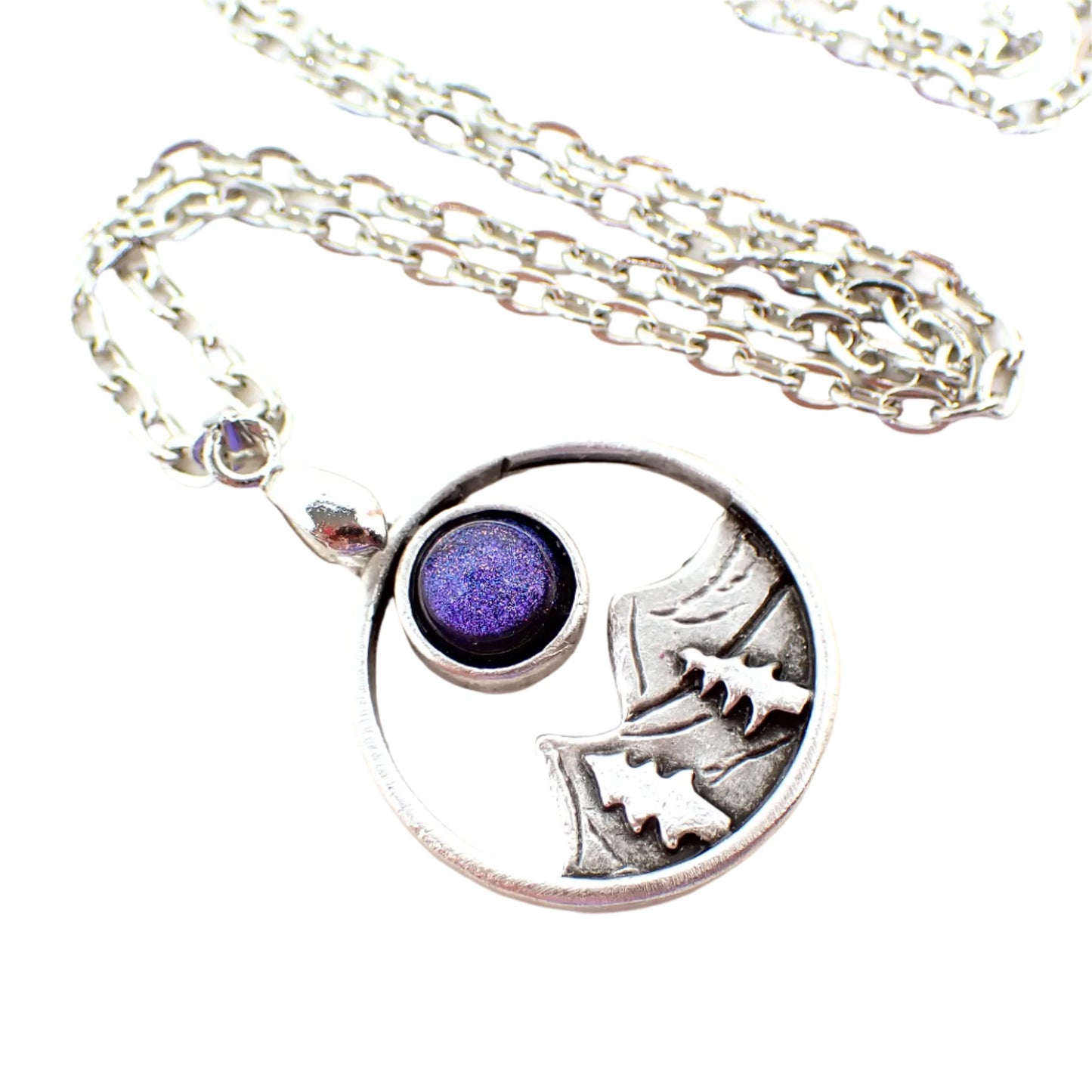 Mountains and Trees Pendant Necklace with Handmade Blue Purple Color Shift Resin Cab, Silver Plated, Unisex Jewelry