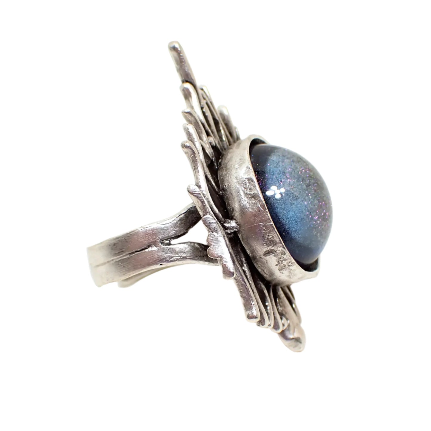 Brutalist Style Adjustable Ring with Handmade Color Shift Blue Purple Resin Cab, Silver Plated