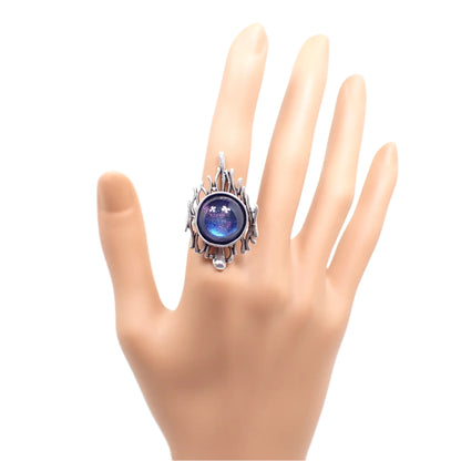 Brutalist Style Adjustable Ring with Handmade Color Shift Blue Purple Resin Cab, Silver Plated