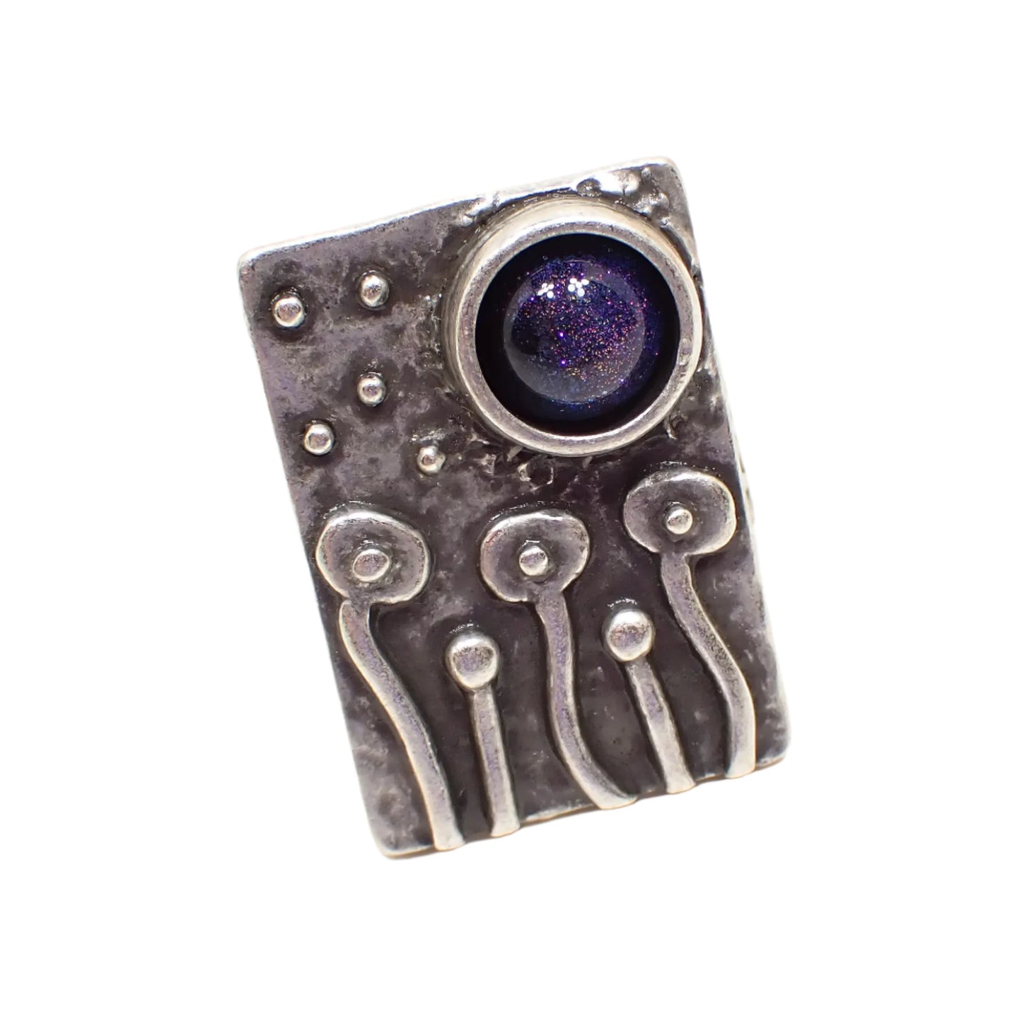 Flowers and Mushrooms at Night Adjustable Ring with Handmade Color Shift Blue Purple Resin Cab, Antiqued Silver Plated, Primitive Style Design