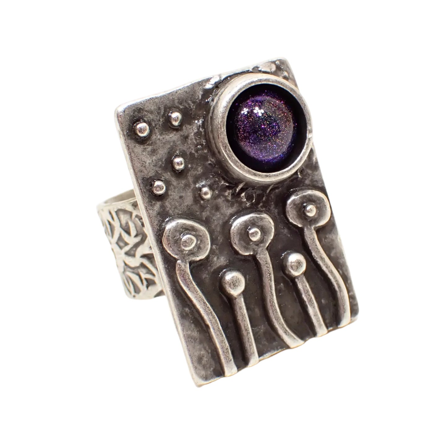 Flowers and Mushrooms at Night Adjustable Ring with Handmade Color Shift Blue Purple Resin Cab, Antiqued Silver Plated, Primitive Style Design