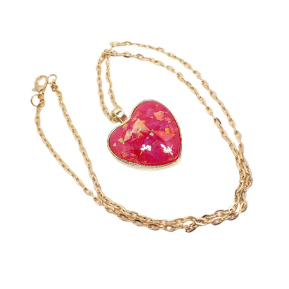 Handmade Bright Pink Resin Heart Pendant Necklace with Iridescent Flakes, Gold Plated