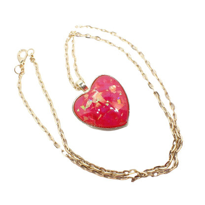 Handmade Bright Pink Resin Heart Pendant Necklace with Iridescent Flakes, Gold Plated