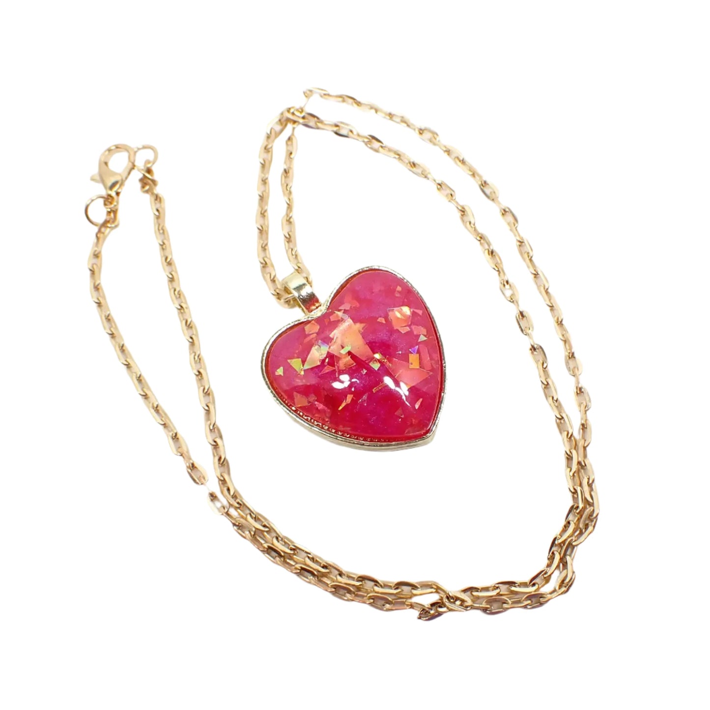 Handmade Bright Pink Resin Heart Pendant Necklace with Iridescent Flakes, Gold Plated