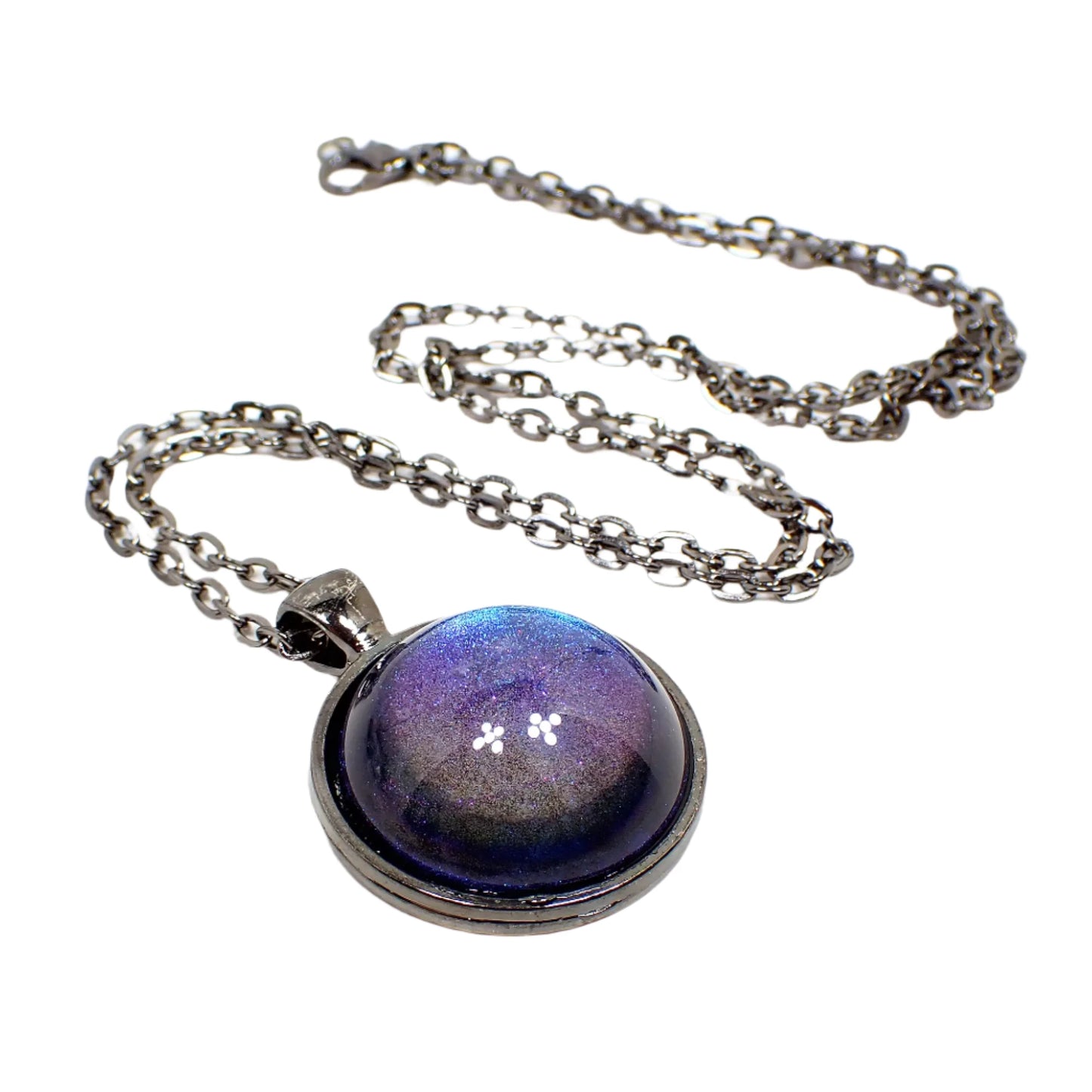 Handmade Color Shift Blue Purple Resin Round Pendant Necklace, Gunmetal Plated, Unisex Goth Jewelry