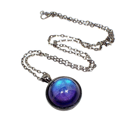 Handmade Color Shift Blue Purple Resin Round Pendant Necklace, Gunmetal Plated, Unisex Goth Jewelry