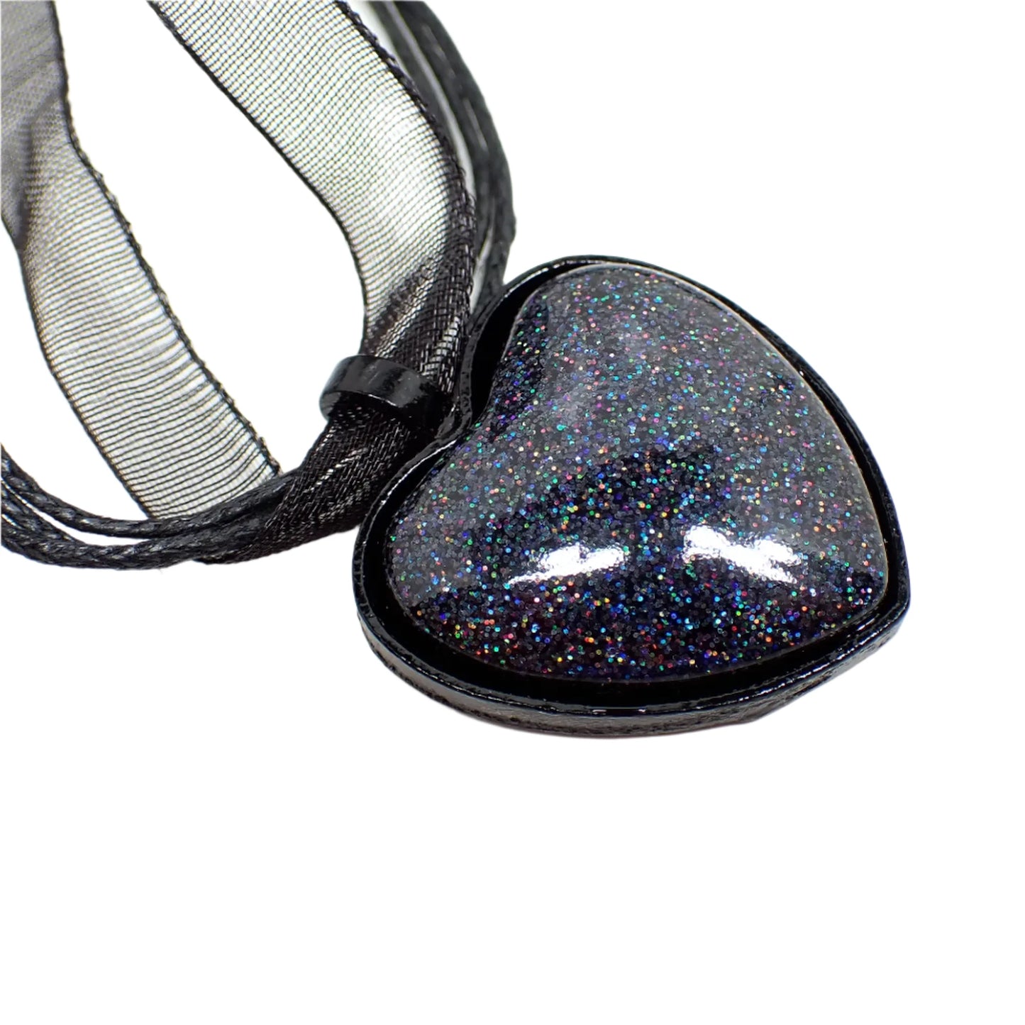 Handmade Holographic Black Glitter Resin Goth Heart Pendant Necklace