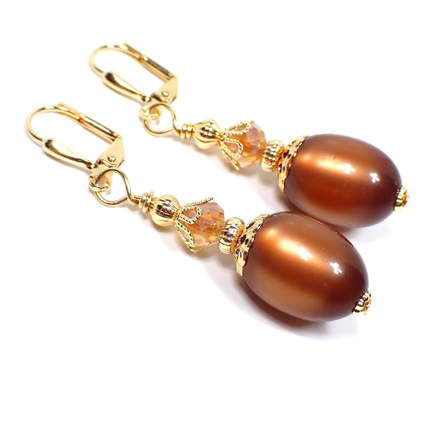Golden Brown and Orange Moonglow Lucite Oval Handmade Drop Earrings Gold Plated Hook Lever Back or Clip On