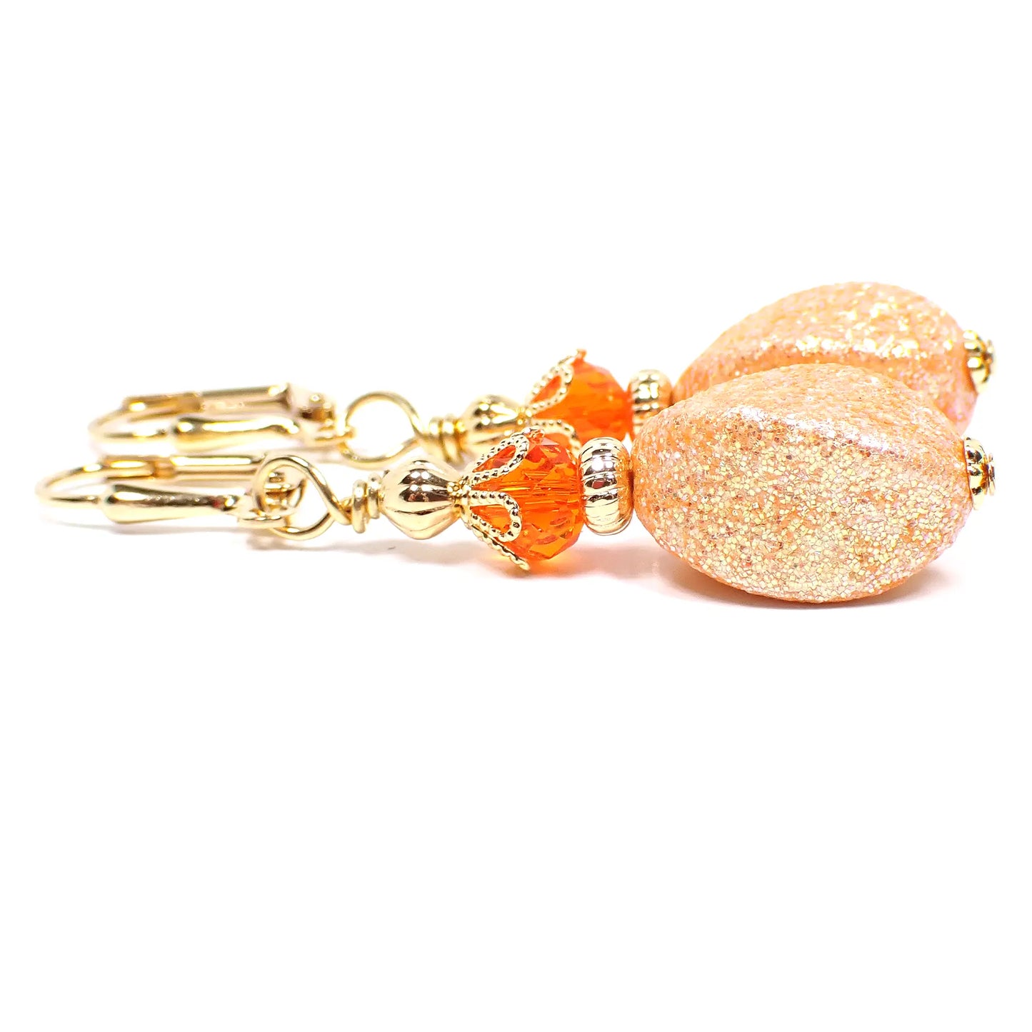 Handmade Drop Earrings with Orange Vintage Acrylic Glitter Beads Gold Plated Hook Lever Back or Clip On